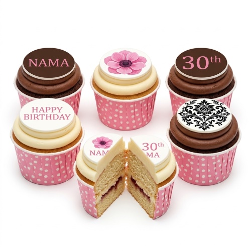 Assortment of pink floral and damask birthday cupcakes with custom age and name toppers.