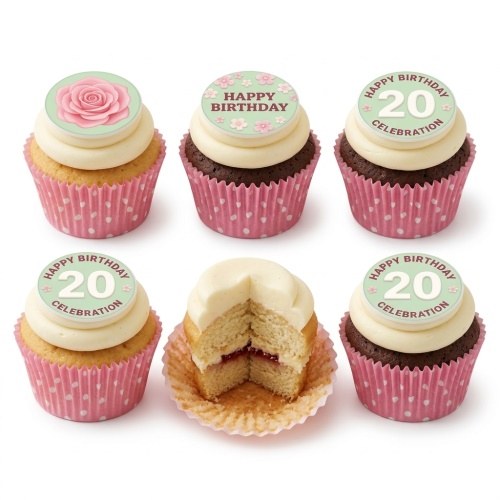 Assorted vanilla and chocolate cupcakes with white frosting, pink polka dot wrappers, and floral/birthday toppers including a rose and "Happy Birthday" with custom age.