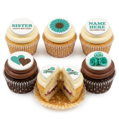 Six personalised birthday cupcakes with teal and brown toppers, including a sunflower, roses, hearts, and custom messages.
