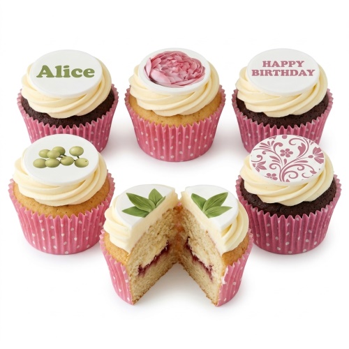 A selection of floral and personalised birthday cupcakes with white icing and pink wrappers.