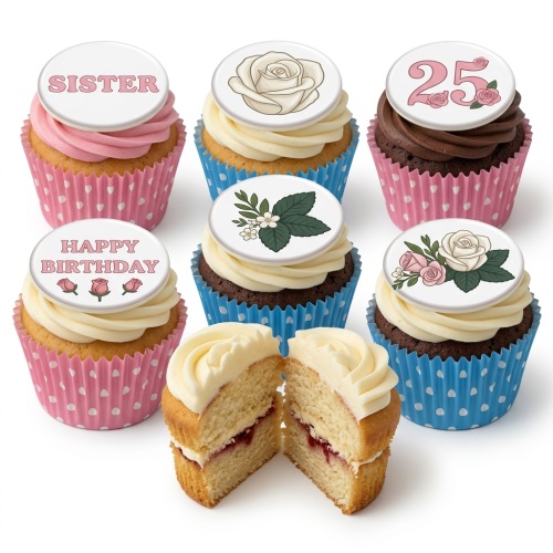 Assortment of floral birthday cupcakes with rose designs, custom age, and personalised message toppers on vanilla and chocolate sponges.