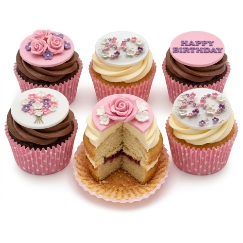Assortment of floral birthday cupcakes with pink and purple flower toppers, including custom age and 'Happy Birthday' message.