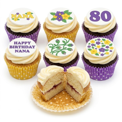 Six floral birthday cupcakes with white frosting, purple and yellow flower toppers, and custom age and message examples.
