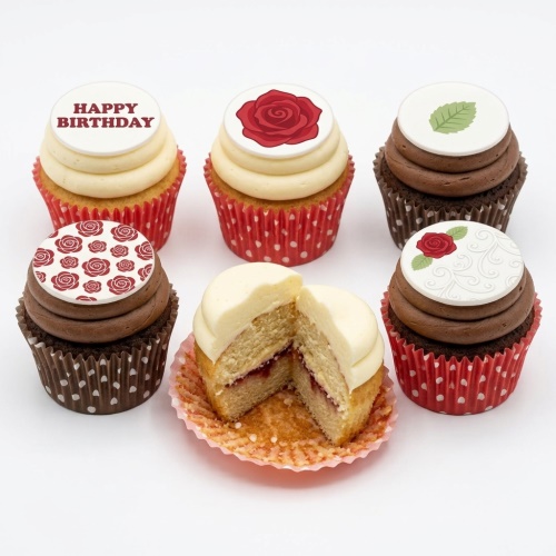 Assortment of floral birthday cupcakes with red rose designs and 'Happy Birthday' message.
