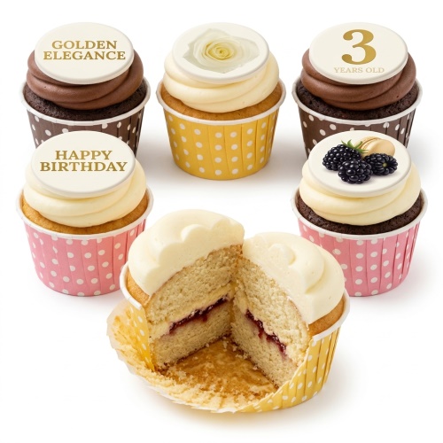 Selection of elegant birthday cupcakes with cream and chocolate frosting, featuring custom message, rose, age 3, and fruit toppers in polka dot wrappers.