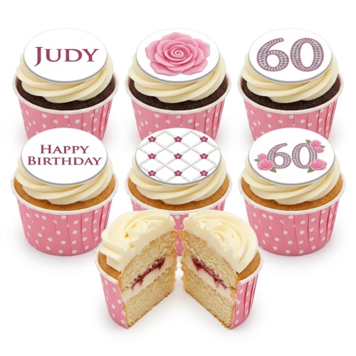 Pink polka dot cupcakes with white frosting, topped with pink roses, pearl patterns, a custom age, a name, and "Happy Birthday".