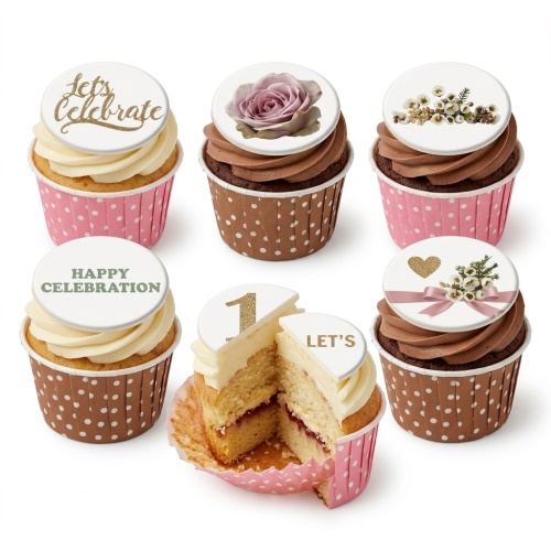 Elegant floral cupcakes with rose and delicate flower toppers, featuring custom age and celebration messages.