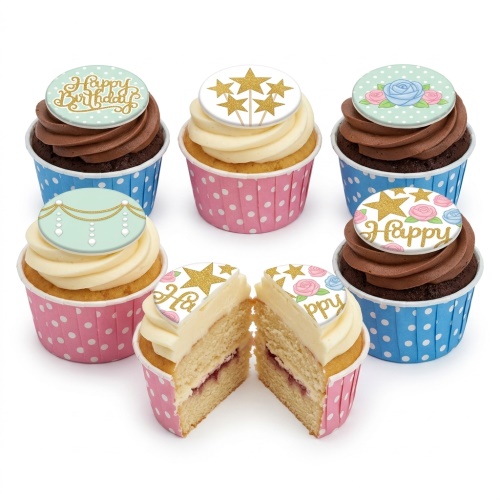 Assortment of birthday cupcakes with floral, star, and "Happy Birthday" toppers, in pink and blue polka dot wrappers.
