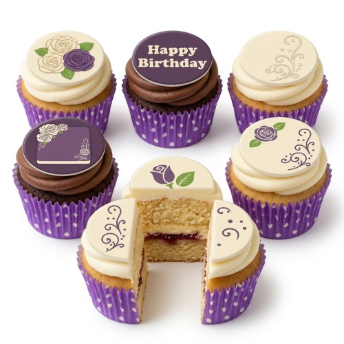 Elegant birthday cupcakes with floral and swirl designs, one with "Happy Birthday" message.
