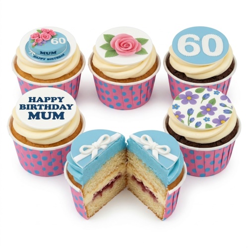 Assortment of floral and gift-themed birthday cupcakes with custom age and message toppers.