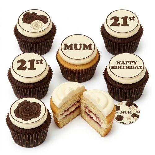 Assortment of personalised birthday cupcakes with custom age, name, message, and floral rose toppers.