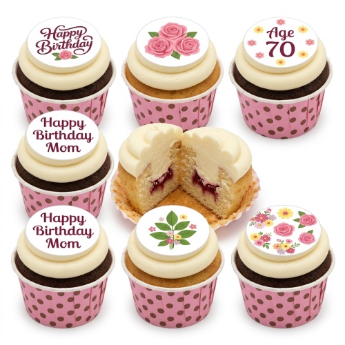 Assortment of floral birthday cupcakes with white frosting and pink polka dot cases, featuring edible toppers with roses, mixed flowers, 'Happy Birthday' and 'Age 70' messages.