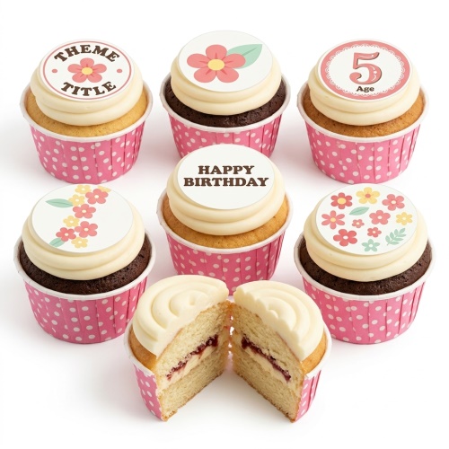 Assortment of floral birthday cupcakes with custom age and "Happy Birthday" toppers in pink polka dot wrappers.