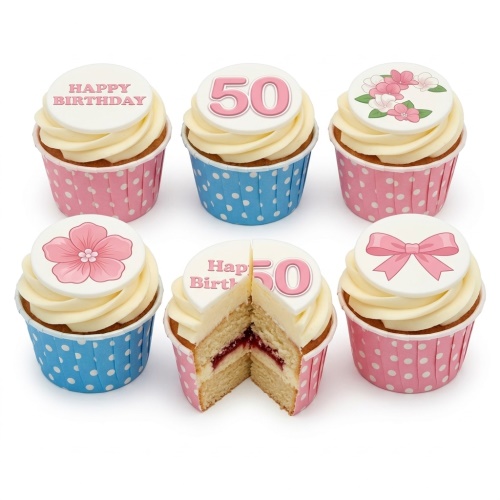 Six birthday cupcakes with pink floral, bow, and custom age toppers in pink and blue polka dot cases.