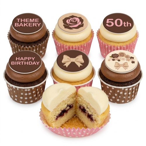 Six elegant birthday cupcakes with floral and bow designs, some with custom age and message toppers.