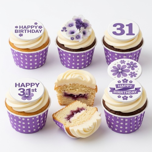 Six purple floral birthday cupcakes with white frosting, some with custom age and 'Happy Birthday' toppers.