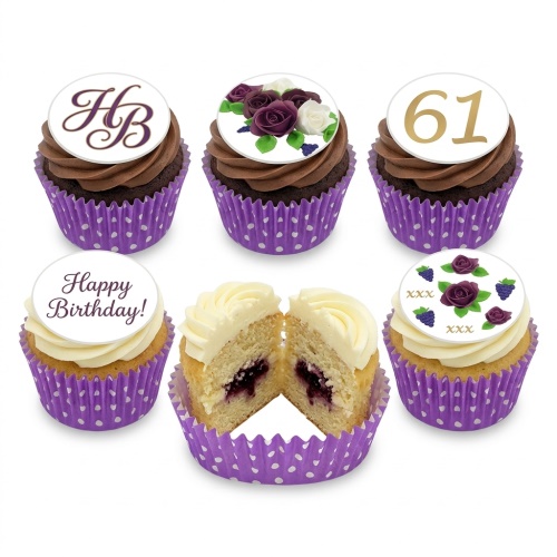 Birthday cupcakes with purple and white floral toppers, custom age, and 'Happy Birthday' messages.