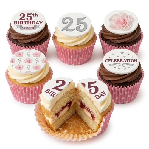 A selection of 25th Birthday cupcakes with silver '25', '25th Birthday Silver', pink rose, and 'Celebration' toppers in pink polka dot wrappers.