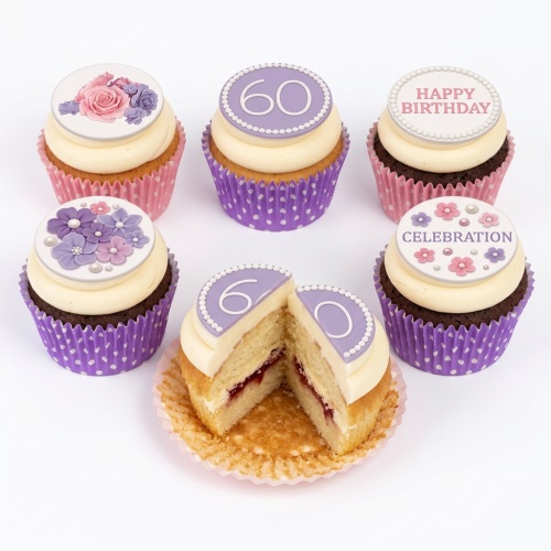 A selection of floral and celebration cupcakes with custom age toppers in pink and purple cases.