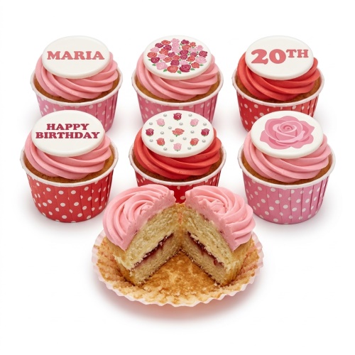 Pink and red cupcakes with rose and custom message toppers for a birthday.