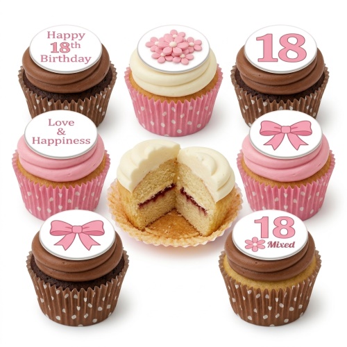 Assorted pink and brown cupcakes with white and pink frosting, decorated with floral clusters, pink bows, and custom age '18' toppers.