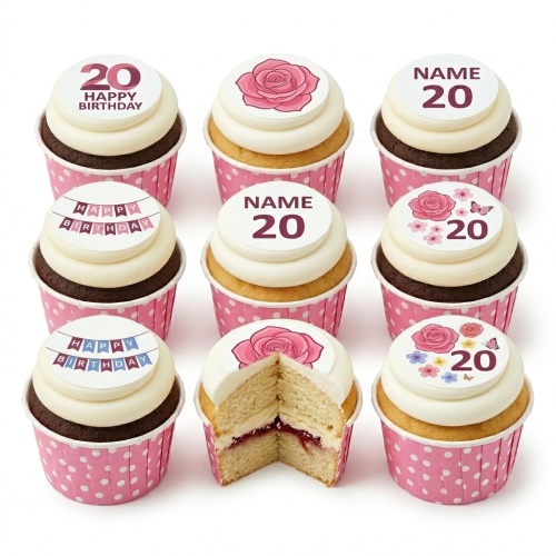 Assortment of floral birthday cupcakes with white icing, pink polka dot wrappers, custom age and name toppers.