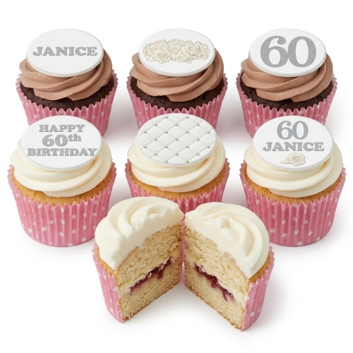 Assortment of elegant birthday cupcakes with white and chocolate frosting, topped with floral, quilted, and custom age designs.
