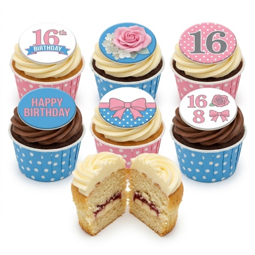 Vanilla and chocolate cupcakes with pink and blue polka dot wrappers, topped with various white, pink, and blue birthday designs including roses, bows, and custom age numbers.