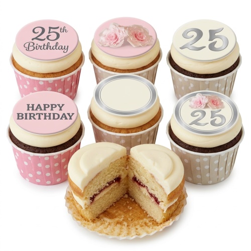 Elegant floral birthday cupcakes with pink sugar roses and custom age toppers on cream frosting.