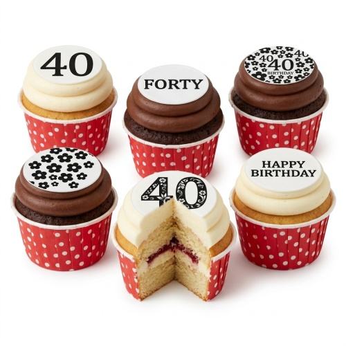 A set of six birthday cupcakes with vanilla and chocolate icing, red polka dot cases, and white toppers featuring custom age '40' and 'Happy Birthday' messages.