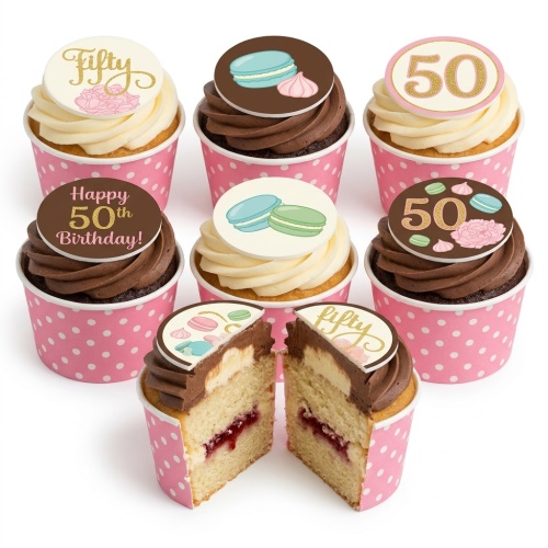 Elegant birthday cupcakes with white and chocolate frosting, decorated with macarons, pink flowers, and custom age toppers.