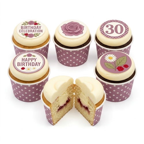 Six floral birthday cupcakes with white frosting and polka dot cases. Toppers include roses, daisies, 'Happy Birthday', 'Birthday Celebration', and a custom age number.