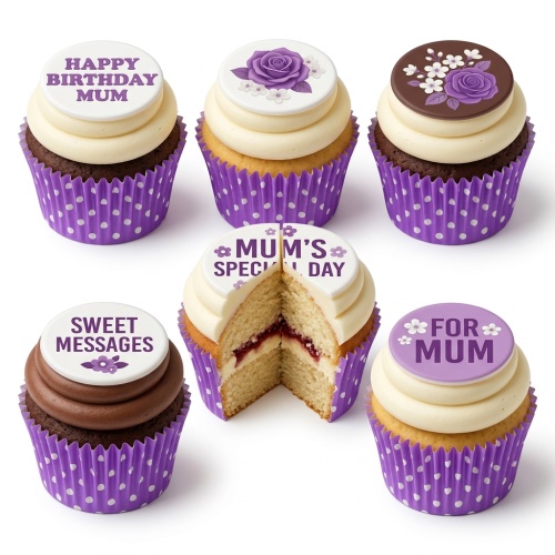 A selection of personalised floral birthday cupcakes for Mum with purple rose and message toppers.