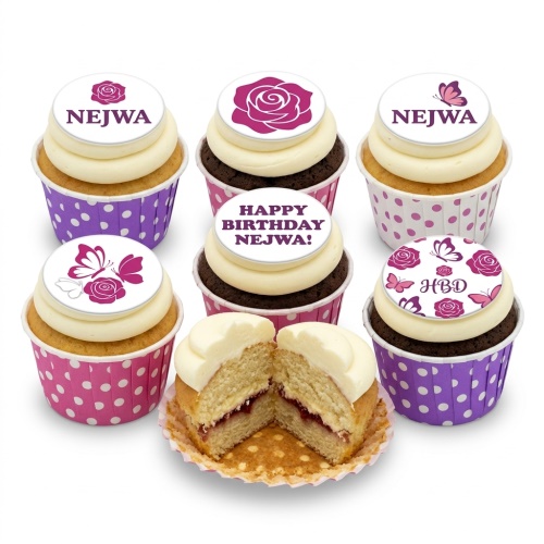 Six floral and butterfly themed birthday cupcakes with white frosting and customisable toppers.