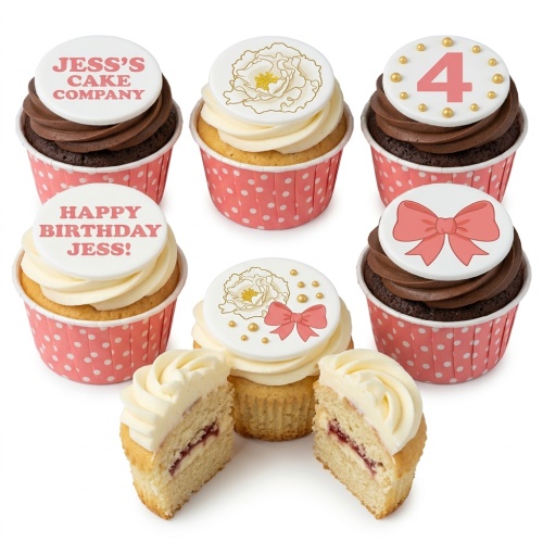 Pink polka dot cupcakes with white and chocolate frosting, topped with edible floral, bow, and custom age designs.