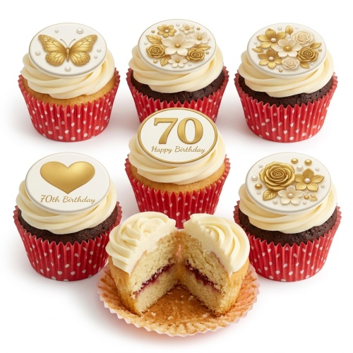 Elegant gold floral and butterfly birthday cupcakes with custom age toppers.