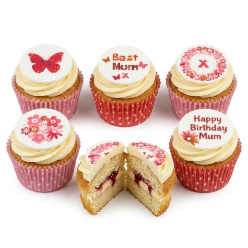 Vanilla cupcakes with cream frosting, edible floral and butterfly toppers, and custom messages for Mum.