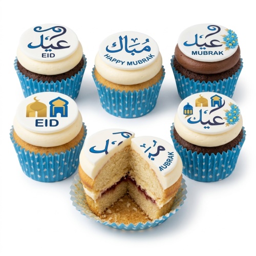 Set of Eid Mubarak cupcakes with mosque, Arabic script, and floral edible toppers in blue wrappers.