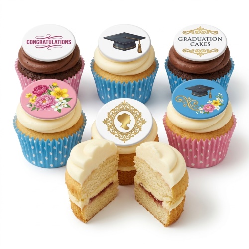 Assortment of graduation celebration cupcakes with graduation cap, floral, and "Congratulations" toppers in blue and pink cases.