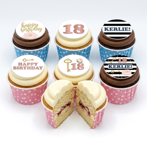 Birthday cupcakes with key, floral, and stripe designs, featuring custom age and personalised name examples.