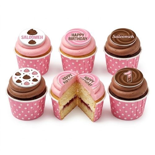 Six poop emoji and "Happy Birthday" cupcakes with pink and chocolate frosting in polka dot wrappers.