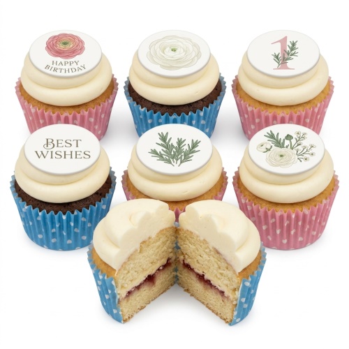 A set of six cupcakes with cream frosting, decorated with edible floral toppers and messages like 'Happy Birthday' and 'Best Wishes', with one cupcake cut open to show a jam filling.