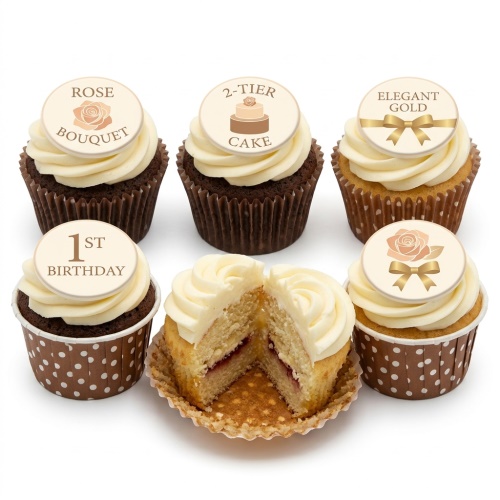 Elegant cupcakes with white frosting and various toppers including a rose, 2-tier cake, and '1st Birthday' text.