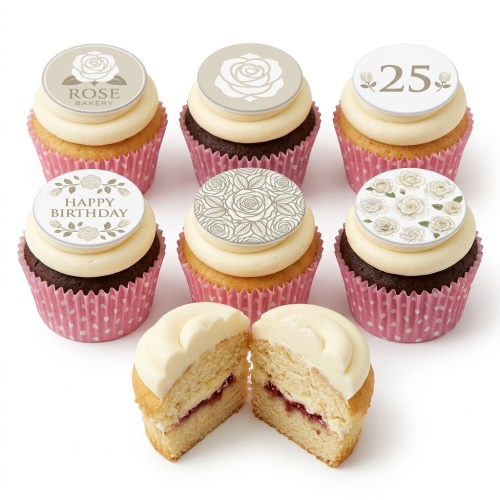 Assortment of floral rose birthday cupcakes with custom age and 'Happy Birthday' toppers.