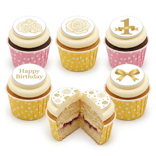 Six cupcakes with white frosting, gold floral, bow, and 'Happy Birthday' toppers, in pink and yellow polka dot cases.