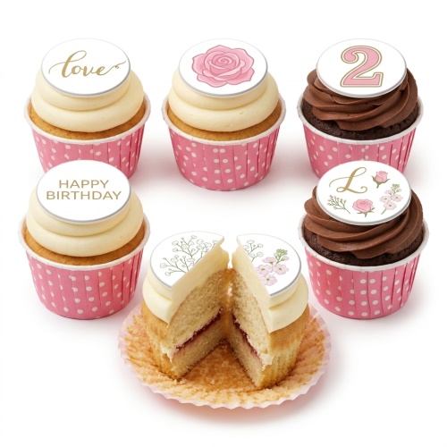 Assortment of floral birthday cupcakes with pink polka dot wrappers, custom age, initial, and message toppers.