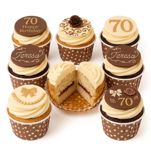 Elegant birthday cupcakes with cream frosting, chocolate toppers, gold bow, and custom age design.