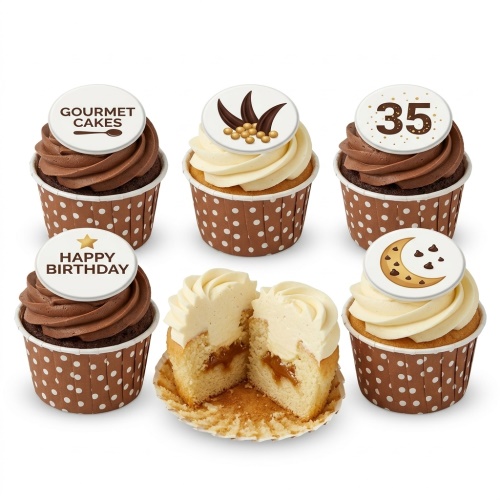 Assorted birthday cupcakes with chocolate and vanilla frosting, custom age topper, and 'Happy Birthday' message.