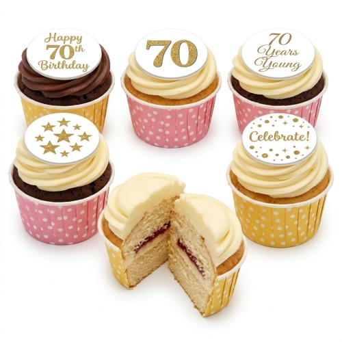 Six cupcakes with white and cream frosting, some with chocolate sponge, in pink and yellow polka dot cases. Toppers feature gold glitter '70', 'Happy 70th Birthday', '70 Years Young', 'Celebrate!' and stars.