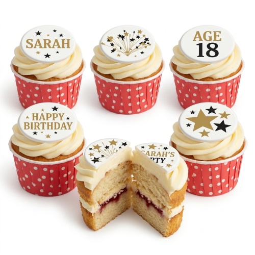 Vanilla cupcakes with white icing, gold and black star toppers, and red polka dot cases, showing custom age and name.